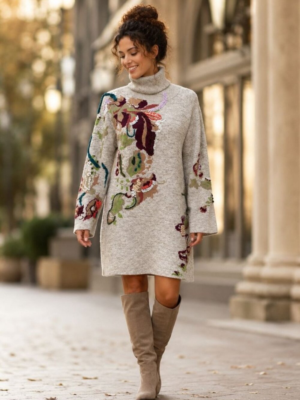 Anthropologie Embroidery Floral Mini Sweater Dress Flared Sleeves Turtle Neck Lg